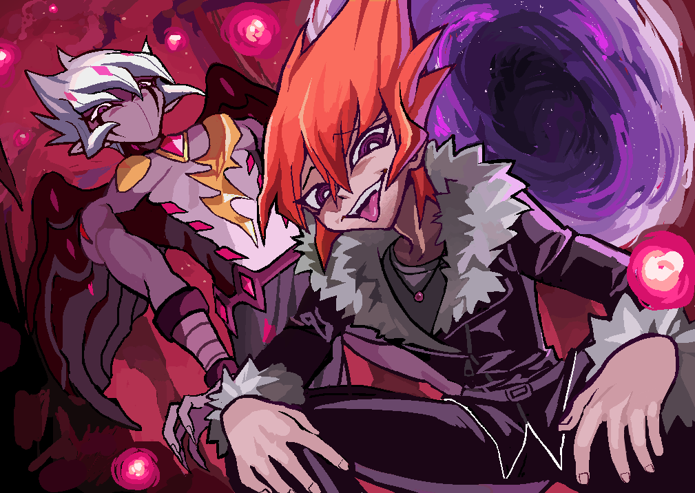 2boys bad_id bad_pixiv_id colored_skin dual_persona evil_smile jacket jewelry leather leather_jacket male_focus multiple_boys nato_(maanguito) necklace no_mouth orange_hair purple_eyes purple_skin shingetsu_rei sideburns smile spiked_hair squatting tongue tongue_out vector_(yu-gi-oh!) white_hair yu-gi-oh! yu-gi-oh!_zexal