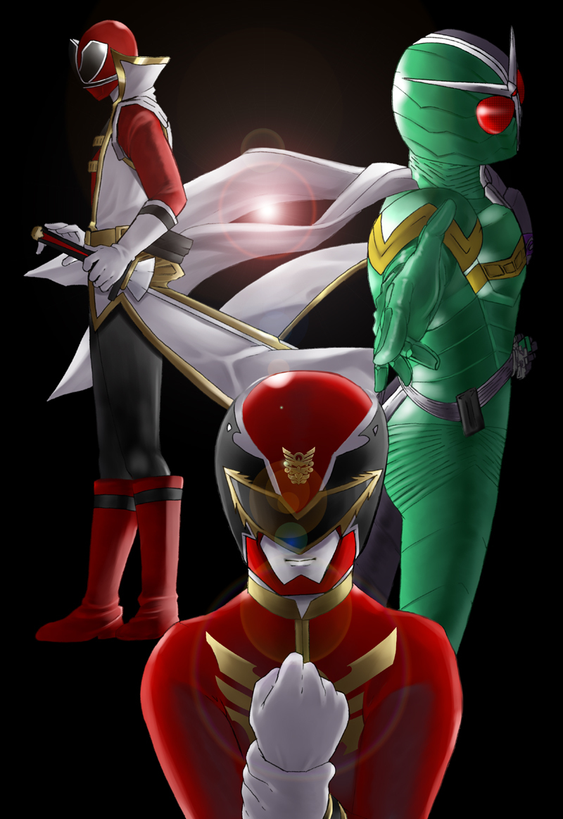 3boys gosei_red kamen_rider kamen_rider_double kamen_rider_w multiple_boys samurai_sentai_shinkenger shinken_red super_sentai sword tagme tensou_sentai_goseiger weapon