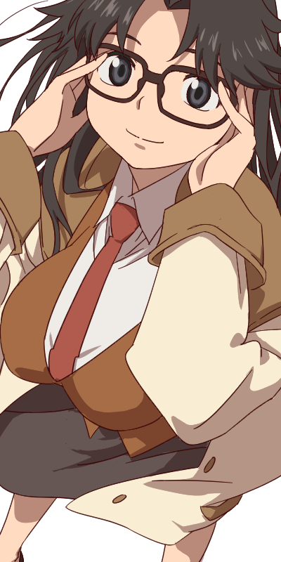 1girl aonori_misuji black-framed_eyewear black_hair black_skirt breasts closed_mouth glasses large_breasts long_coat long_hair long_sleeves looking_at_viewer necktie read_or_die red_necktie simple_background skirt smile solo vest white_background yomiko_readman