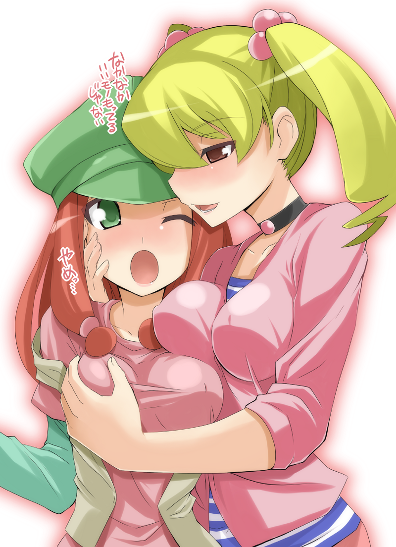 2girls bad_id bad_pixiv_id blonde_hair blush breasts brown_eyes brown_hair chicago-x choker digimon digimon_xros_wars digimon_xros_wars:_toki_wo_kakeru_shounen_hunter-tachi embarrassed grabbing_another&#039;s_breast green_eyes groping hair_bobbles hair_ornament hat kaoru_(digimon) multiple_girls one_eye_closed red_hair revision shirt sleeves_pushed_up striped_clothes striped_shirt suzaki_airu twintails yuri
