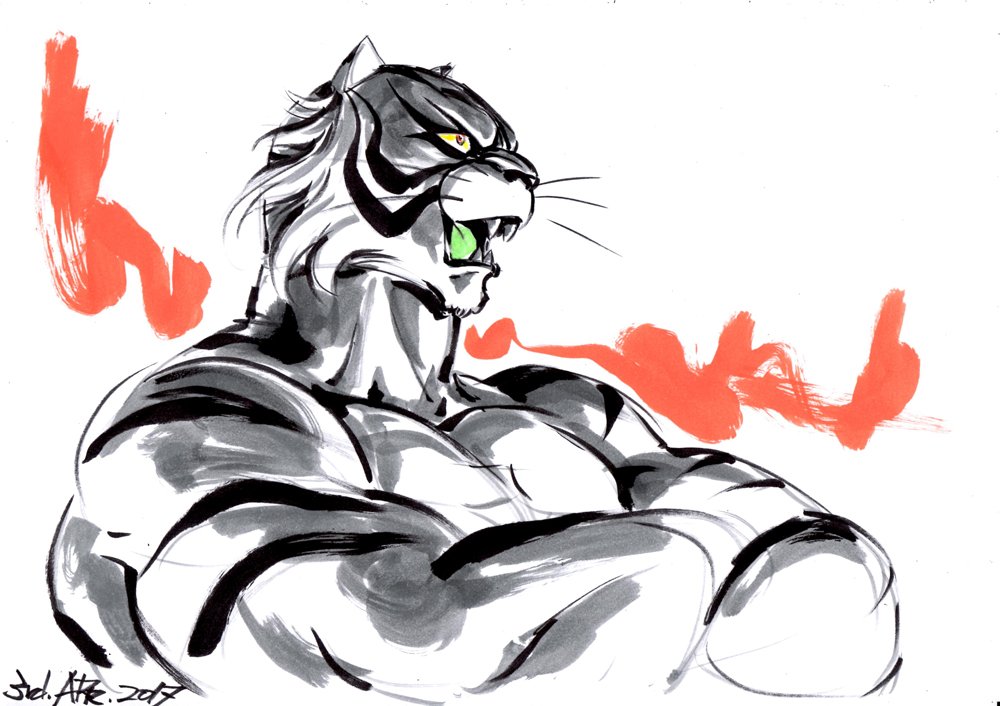 1boy animal_ears crossed_arms dated green_tongue hayama_jun&#039;ichi male_focus marker_(medium) mask muscular open_mouth solo striped tiger_ears tiger_mask_(series) tiger_mask_w tiger_the_great_the_third tongue traditional_media upper_body yellow_eyes