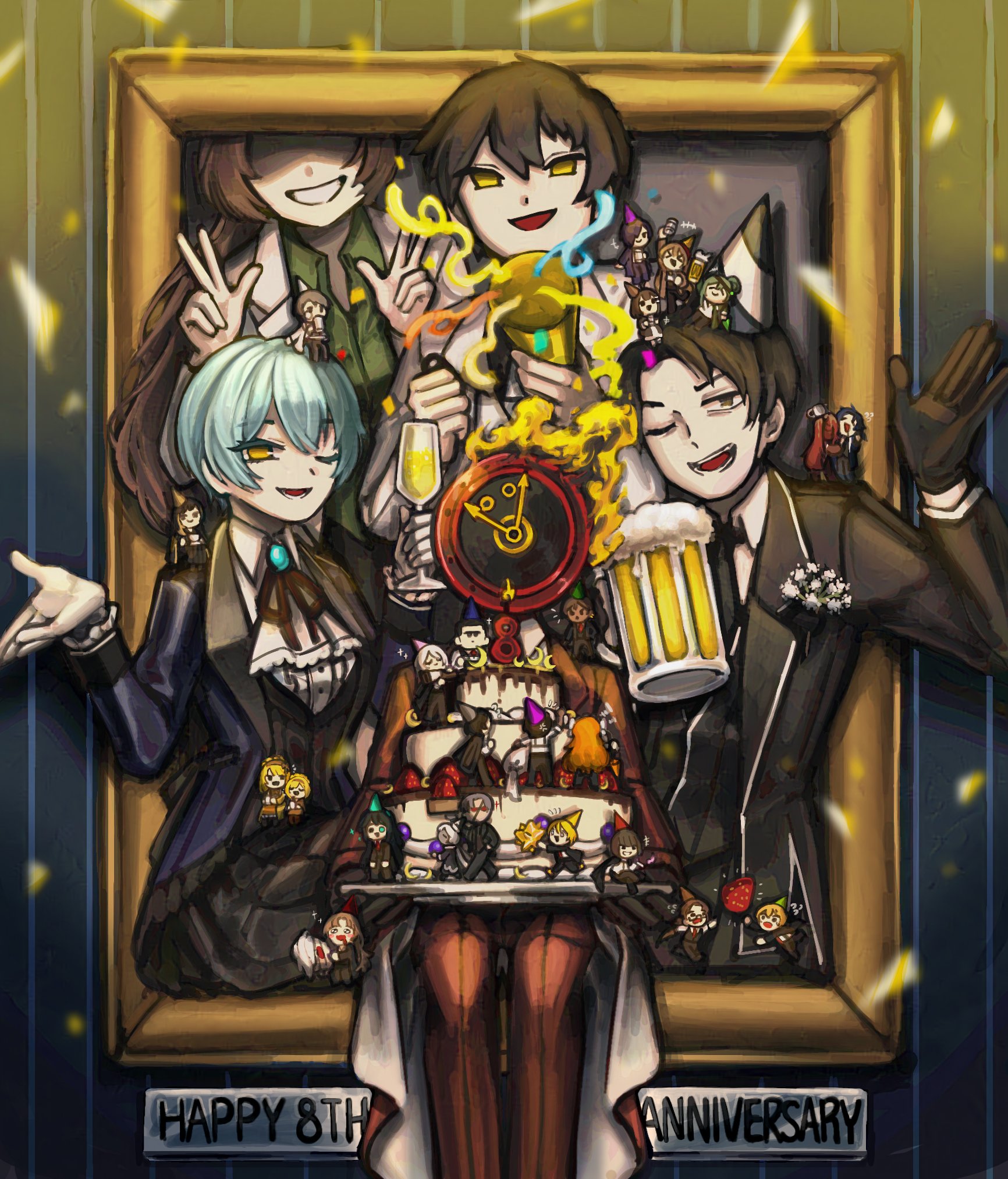 &gt;_&lt; 1other 6+boys 6+girls angela_(project_moon) ayin_(project_moon) binah_(project_moon) black_eyes black_gloves black_hair black_jacket blue_coat cake carmen_(project_moon) charon_(project_moon) chesed_(project_moon) clock coat commentary_request confetti dante_(limbus_company) don_quixote_(project_moon) double_v faust_(project_moon) fire food gebura_(project_moon) gloves gregor_(project_moon) hand_up heathcliff_(project_moon) highres hod_(project_moon) hokma_(project_moon) holding holding_cake holding_food holding_mini_person hong_lu_(project_moon) ishmael_(project_moon) jacket korean_commentary lapels library_of_ruina limbus_company lobotomy_corporation long_sleeves looking_at_viewer malkuth_(project_moon) meursault_(project_moon) mini_person monocle multiple_boys multiple_girls netzach_(project_moon) notched_lapels nra_3614 object_head open_mouth outis_(project_moon) pants party_popper picture_frame project_moon red_pants rodion_(project_moon) roland_(project_moon) ryoshu_(project_moon) sinclair_(project_moon) smile tiphereth_a_(project_moon) v vergilius_(project_moon) yesod_(project_moon) yi_sang_(project_moon)