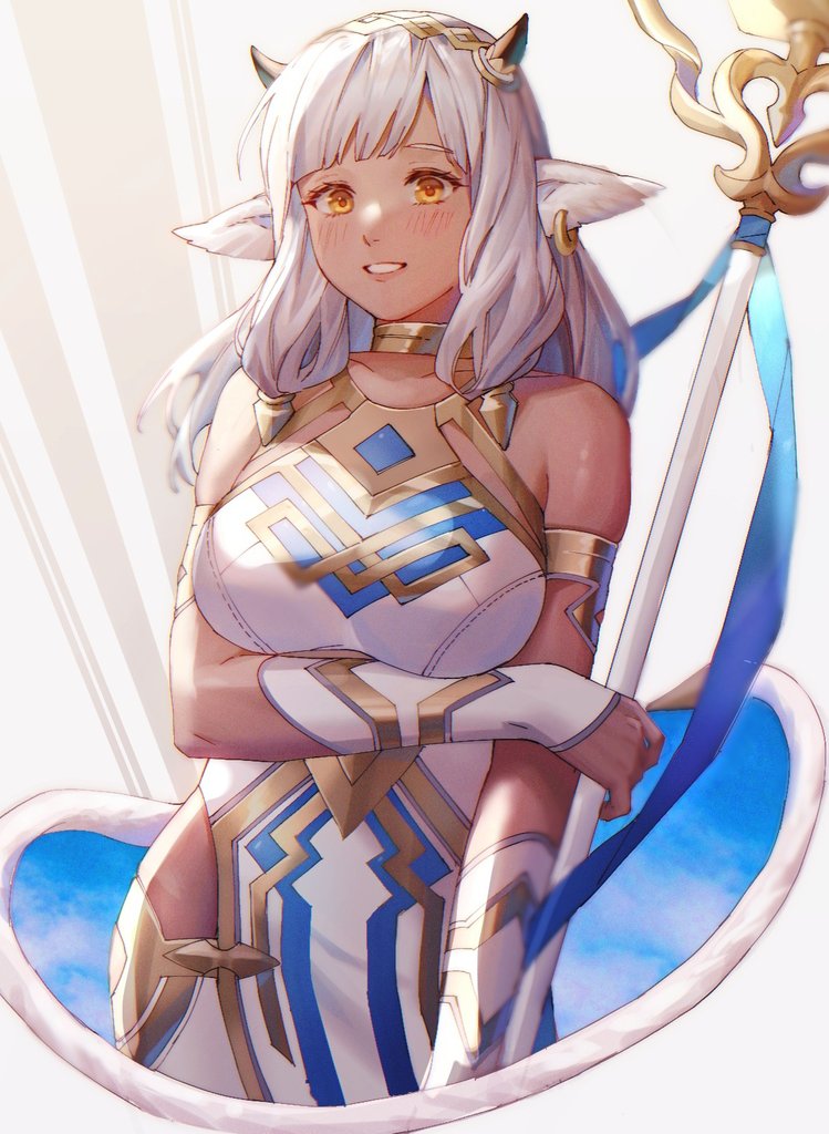 1girl ai_tkkm animal_ears ash_(fire_emblem) bare_shoulders bell black_horns blush breasts brown_eyes choker collarbone cow_ears cow_girl cow_horns dark-skinned_female dark_skin fire_emblem fire_emblem_heroes gloves holding holding_staff horns large_breasts long_hair looking_at_viewer nintendo pants piercing smile solo staff tail tight_clothes tight_pants white_hair