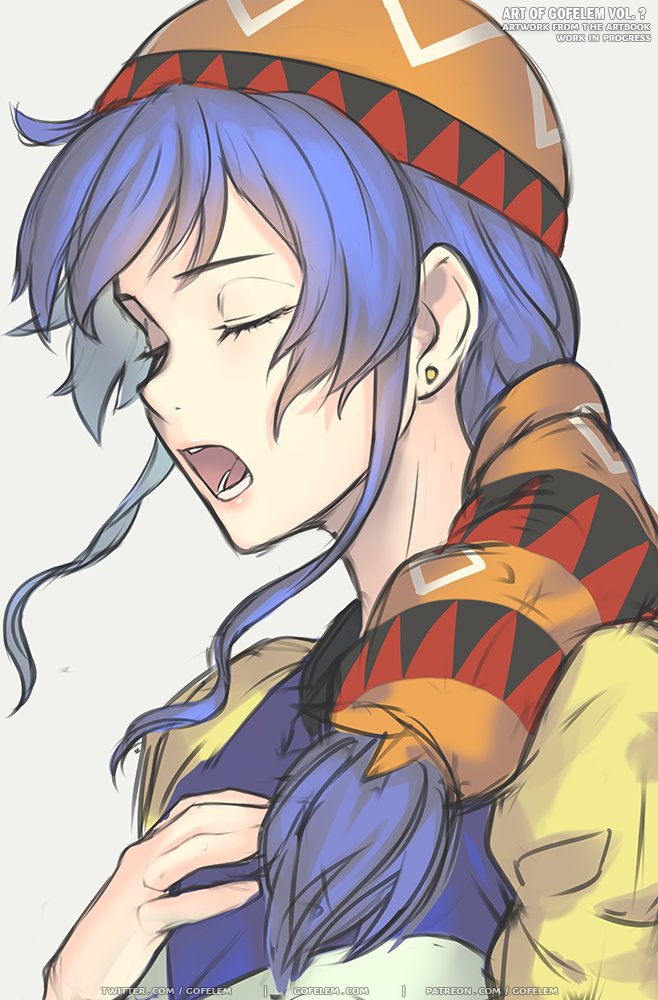 1girl bandana blue_hair dress gofelem hat long_hair luna_noah lunar:_the_silver_star music open_mouth ponytail simple_background singing solo
