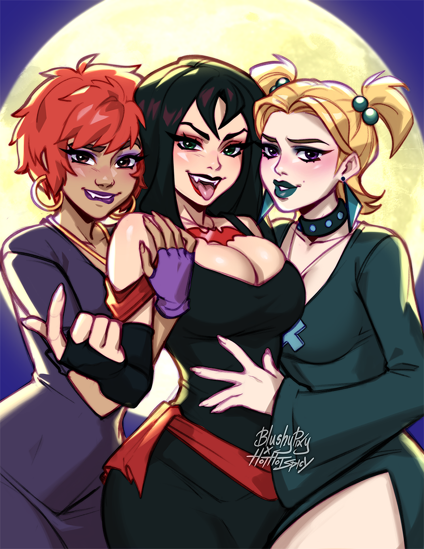2022 3girls artist_name beckoning big_breasts bigger_version_at_the_source black_dress black_hair black_lips blonde_hair blush blushyspicy breasts brown_eyes cleavage cleavage_dress cleavage_overflow collar curvy dark-skinned_female dark_skin dress dusk_(hex_girls) earrings eyeliner eyeshadow fangs female female_focus fingernails gloves goth_fashion green_dress green_eyes green_lips hand_on_shoulder hand_on_stomach hanna-barbera hex_girls hothot_spicy hug hug_from_behind jewelry large_breasts lip_biting long_fingernails long_hair long_nails looking_at_viewer luna_(hex_girls) makeup medium_breasts multicolored_lips multiple_girls necklace pointy_nails purple_dress purple_eyes purple_lips red_hair red_lips scooby-doo short_hair smile standing thighs thorn_(hex_girls) twintails warner_bros wide_hips
