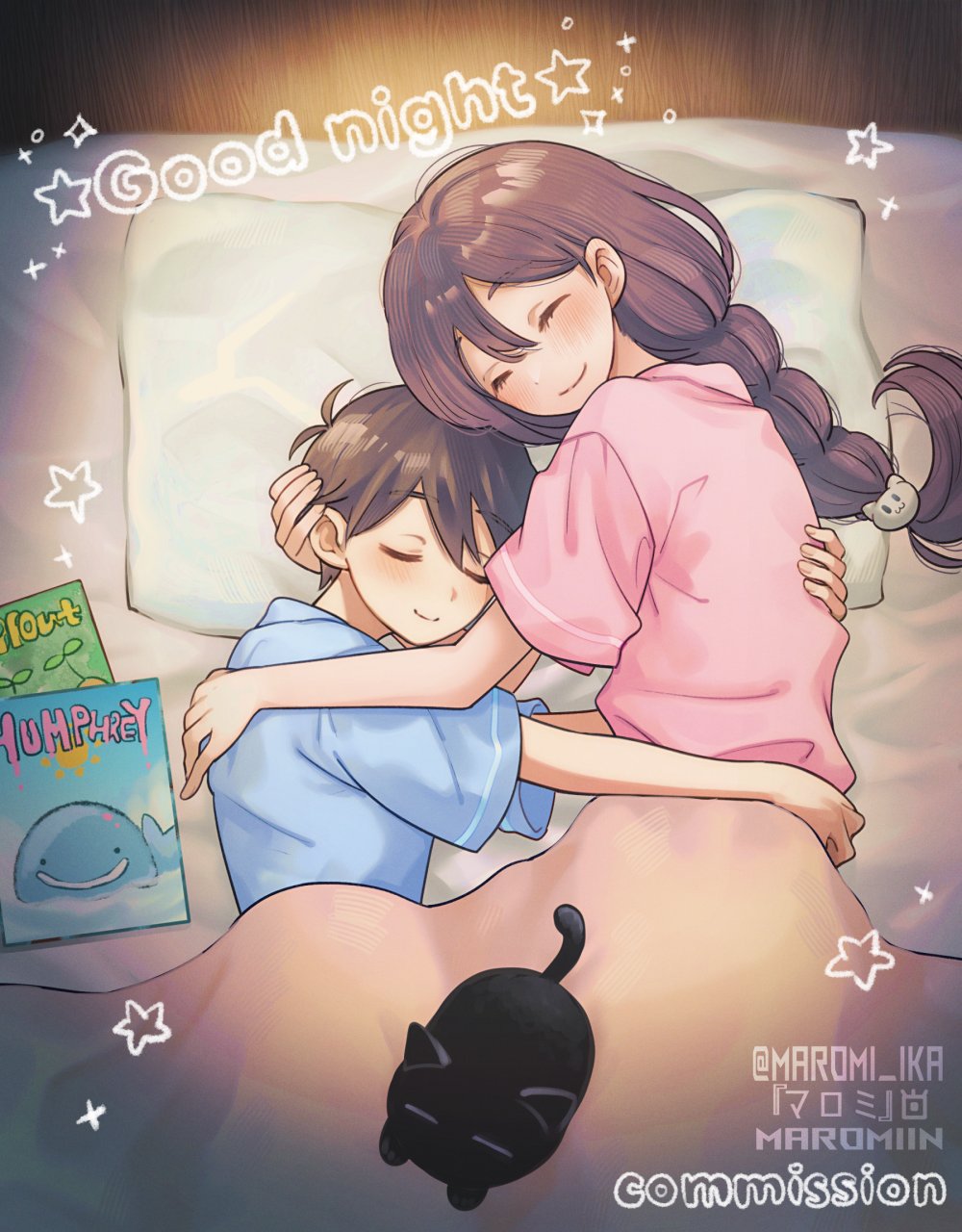 1boy 1girl alternate_costume bed blue_pajamas blush book braid brother_and_sister cat closed_eyes closed_mouth commission cuddling highres hug humphrey_(omori) long_hair mari_(faraway)_(omori) mari_(omori) maromichan mewo omori on_bed pajamas pink_pajamas short_hair short_sleeves siblings sleeping smile sprout_mole sunny_(omori) under_covers