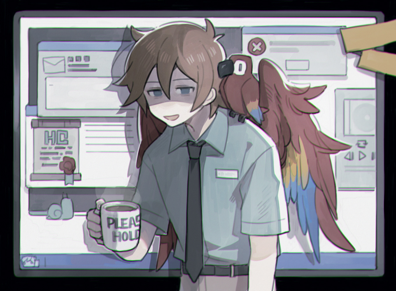 1boy animal animal_on_shoulder bird bird_boy bird_on_shoulder bird_wings brown_hair coffee_mug collared_shirt commentary cup english_commentary grian_(permit_office)_(hermitcraft) grian_(youtuber) hermitcraft holding holding_cup luminous_slime macaw male_focus minecraft minecraft_youtube mug necktie official_alternate_costume parrot parrot_(minecraft) scarlet_macaw shaded_face shirt short_hair solo taskbar window_(computing) wings