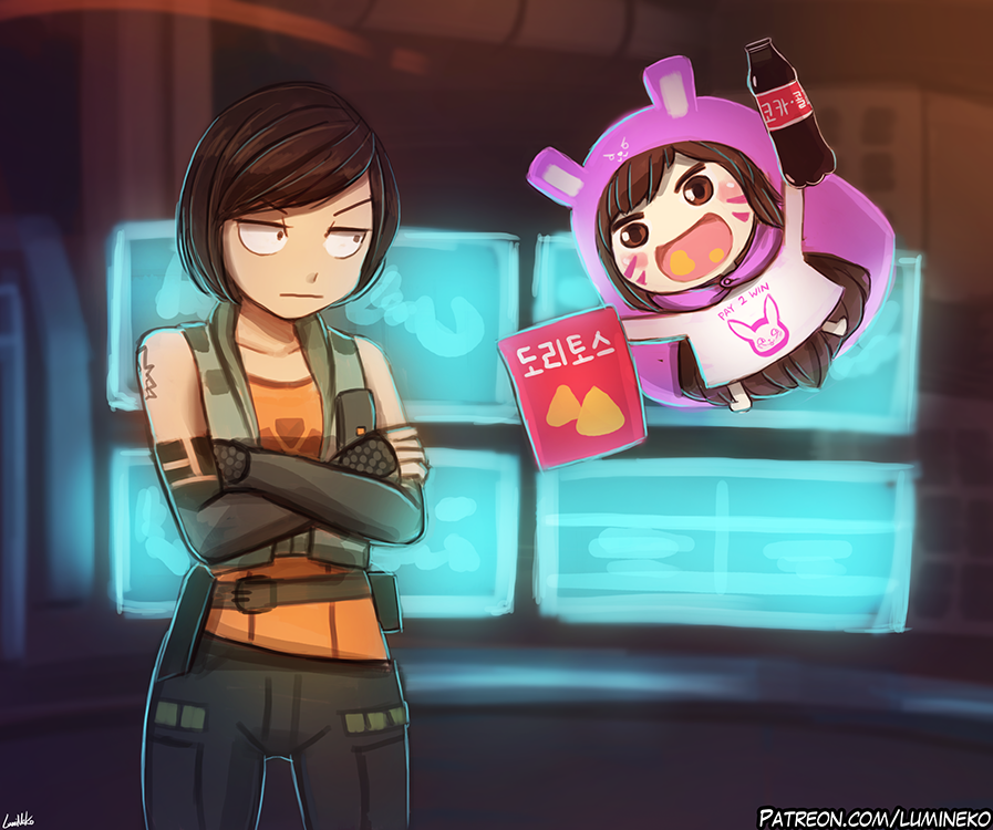&gt;:| 2girls arm_warmers artist_name belt bottle brown_eyes brown_hair chibi chibi_inset commentary crossed_arms d.va_(gremlin) d.va_(overwatch) drink english_commentary floating gremlin_(xcom_2) hamster_hood himouto!_umaru-chan holding holding_bottle holding_drink lily_shen long_hair looking_at_another lumineko monitor multiple_girls name_connection open_mouth overwatch overwatch_1 parody shirt short_hair signature sleeveless sleeveless_shirt tattoo v-shaped_eyebrows very_long_hair vest x-com xcom_2