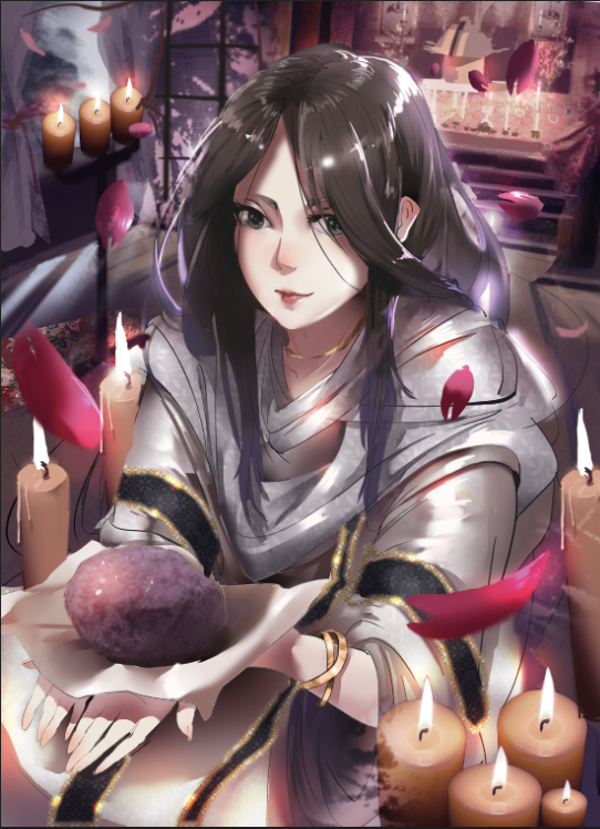 1girl black_hair breasts candle closed_mouth collarbone divine_child_of_rejuvenation green_eyes japanese_clothes kimono long_hair long_sleeves medium_breasts mikakuwa miko ohagi_(food) paper parted_bangs petals rice sekiro:_shadows_die_twice smile solo tatami wide_sleeves