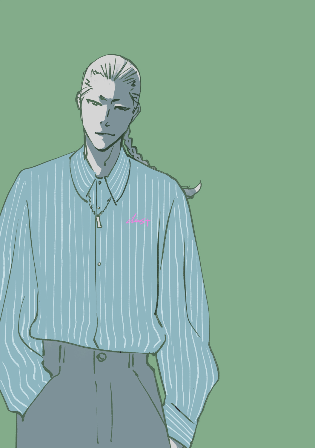 1boy bleach bleach:_sennen_kessen-hen chain chain_necklace hand_in_pocket highres jewelry kubo_tite long_hair long_sleeves male_focus necklace pants partially_colored ponytail shirt smile solo striped_clothes togakushi_riku vertical-striped_clothes
