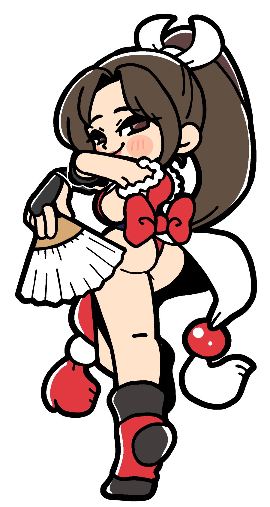 1girl arm_guards ass bad_tag bkub blush_stickers breasts brown_eyes brown_hair closed_mouth crossover full_body half-closed_eyes hand_fan highres holding holding_fan japanese_clothes kneepits large_breasts lipstick looking_at_viewer looking_back makeup ninja ponytail shiranui_mai sideboob simple_background smile solo standing standing_on_one_leg street_fighter street_fighter_6 the_king_of_fighters white_background