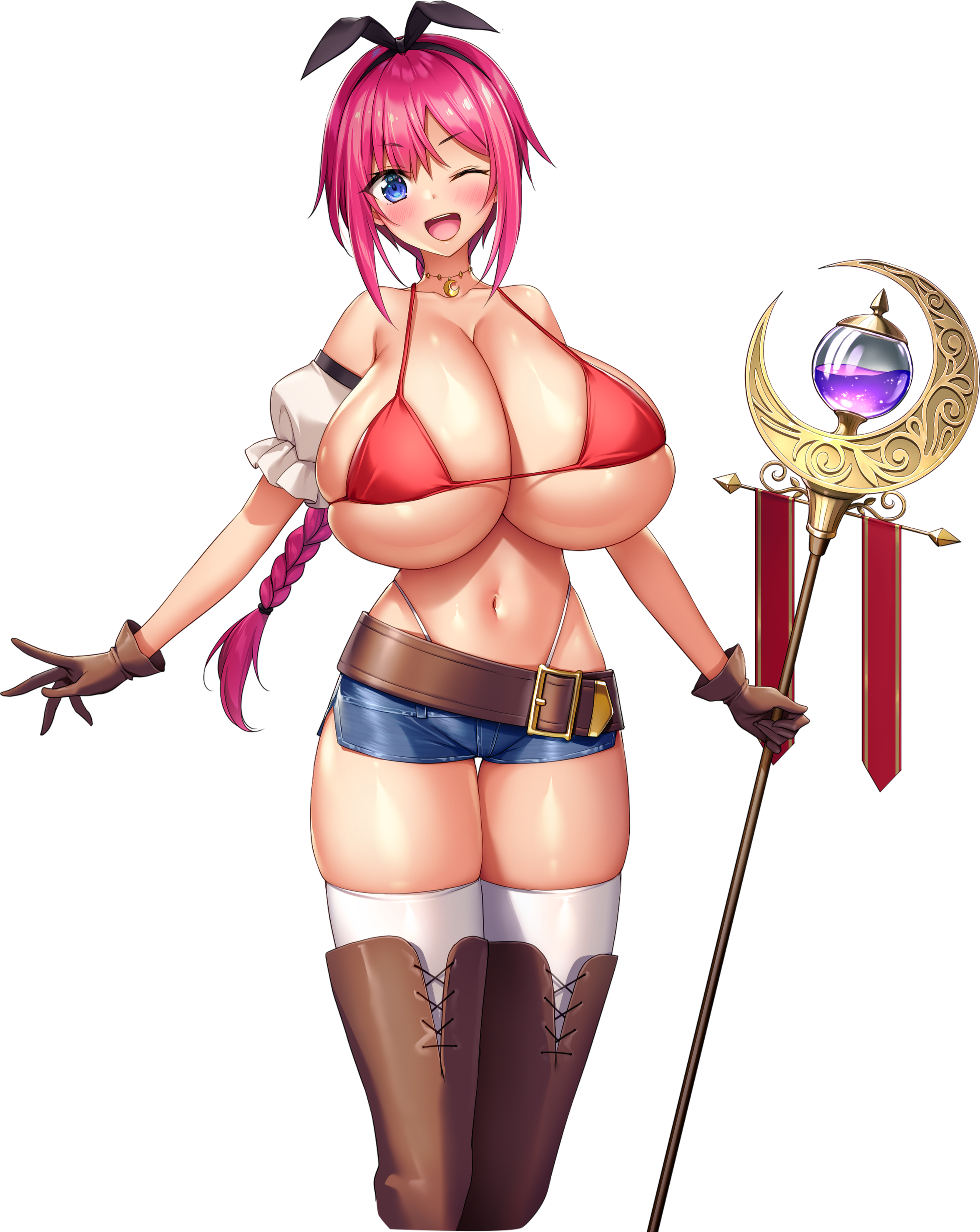 1girl :d absurdres belt bikini black_ribbon blue_eyes boots braid braided_ponytail breasts brown_belt brown_gloves citra_lockheart crescent denim denim_shorts derauea detached_sleeves game_cg gloves hair_ribbon highres holding holding_staff huge_breasts jewelry long_hair look-alike looking_at_viewer mage_staff milk_factory motto!_haramase!_honoo_no_oppai_isekai_chou_ero_succubus_gakuen! navel necklace non-web_source official_art one_eye_closed open_mouth orange_bikini puffy_short_sleeves puffy_sleeves purple_liquid red_hair ribbon short_sleeves shorts skindentation smile solo sprite staff swimsuit tachi-e thigh_boots thighhighs thong transparent_background white_thighhighs
