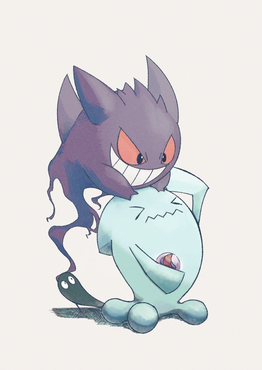 &gt;_&lt; arm_up blue_skin colored_skin fireblast full_body gen_1_pokemon gen_2_pokemon gengar grin head_back highres holding looking_at_another mega_stone nintendo pokemon pokemon_(creature) purple_skin red_eyes shadow simple_background smile teeth white_background wobbuffet