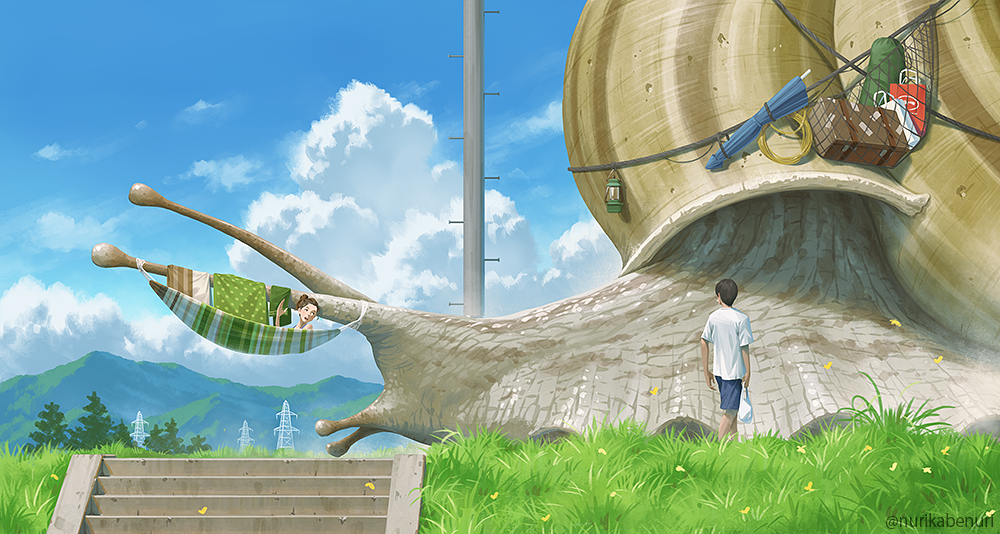 1boy 1girl animal bag blue_shorts blue_sky brown_hair cloud commentary_request day grass hair_bun hammock horizon lantern mountainous_horizon nurikabe_(mictlan-tecuhtli) original outdoors oversized_animal pole rope shirt shopping_bag short_sleeves shorts sky smile snail stairs towel tree turning_head twitter_username waving white_shirt wide_shot