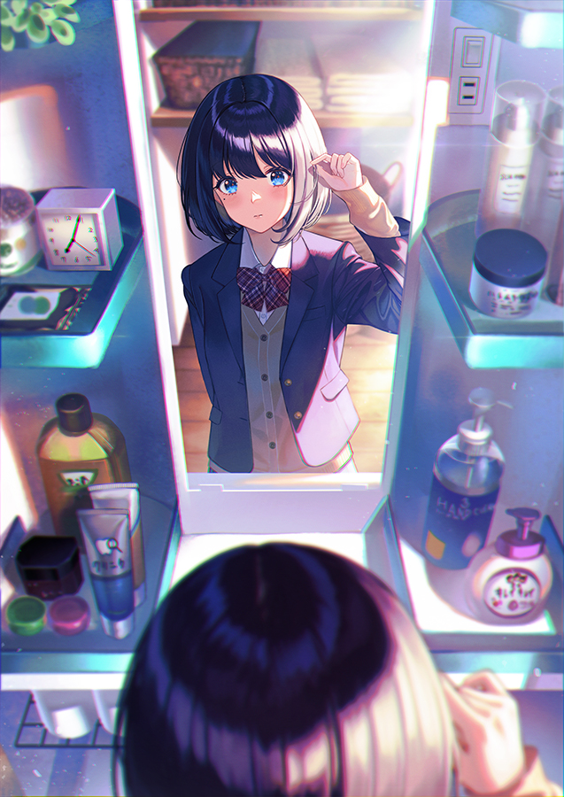 1girl adjusting_hair basket bathroom black_hair blazer blue_eyes blush bow bowtie breasts buttons clock closed_mouth collared_shirt commentary_request cowboy_shot dappled_sunlight day dress_shirt electrical_outlet from_above from_behind indoors jacket laundry_basket light_switch looking_at_mirror mirror mole mole_under_eye open_clothes open_jacket original plaid_bow plaid_bowtie plaid_clothes red_bow red_bowtie reflection reflection_focus school_uniform shirt short_hair slice_of_life small_breasts soap_bottle solo straight_hair sunlight sweater_vest towel unowen white_shirt wooden_floor yellow_sweater_vest
