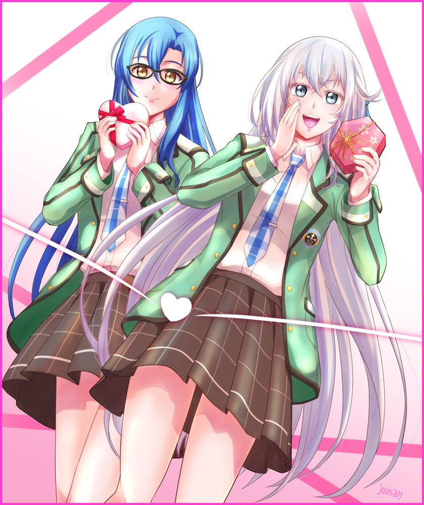 2girls blue_hair box box_of_chocolates eiyuu_densetsu gift glasses grey_eyes hair_between_eyes heart heart-shaped_box holding holding_gift jacket kuro_no_kiseki kuro_no_kiseki_(series) kuro_no_kiseki_i kuro_no_kiseki_ii long_hair multiple_girls necktie nina_fenly open_mouth school_uniform shizuna_rem_misurugi skirt smile white_hair xiacheng_tatsuya yellow_eyes