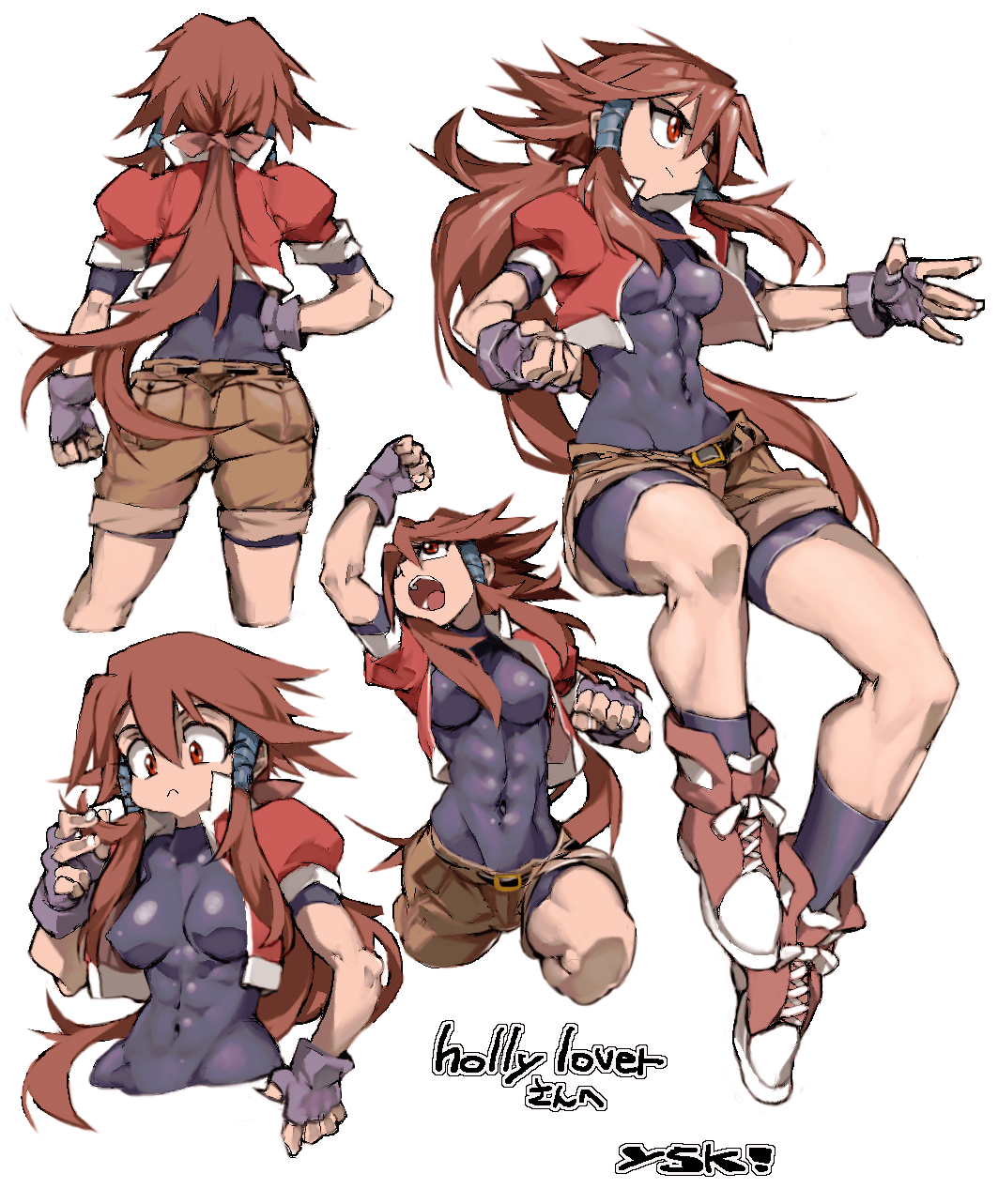 1girl bodysuit bodysuit_under_clothes borrowed_character brown_hair fingerless_gloves gloves highres kannagi_ohka kneehighs multiple_views original red_eyes shoes shorts sidelocks sneakers socks ysk!
