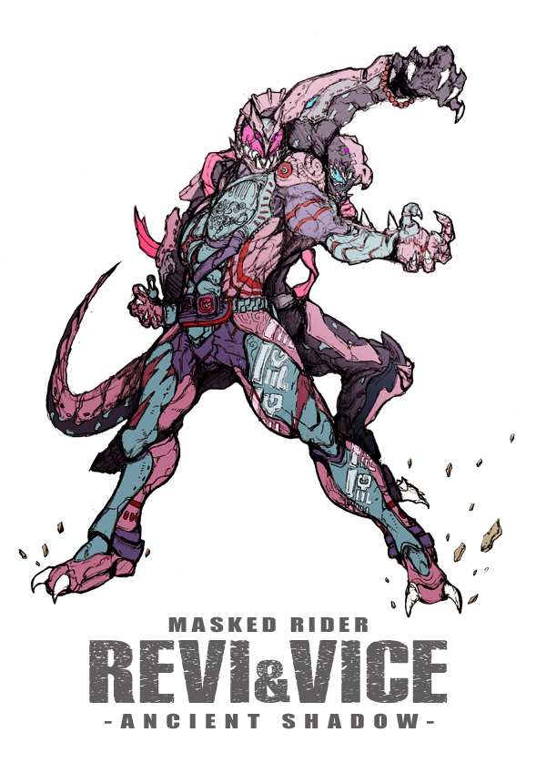2boys animal_hood armor black_armor blue_armor blue_eyes character_name demon_boy dinosaur rider_belt gloves hood kamen_rider kamen_rider_revi kamen_rider_revice kamen_rider_vice male_focus multiple_boys pink_armor pink_scarf red_eyes revice_driver rex_genome rider_belt scarf sharp_teeth tail teeth tokusatsu tyrannosaurus_rex vistamp zakkizaki