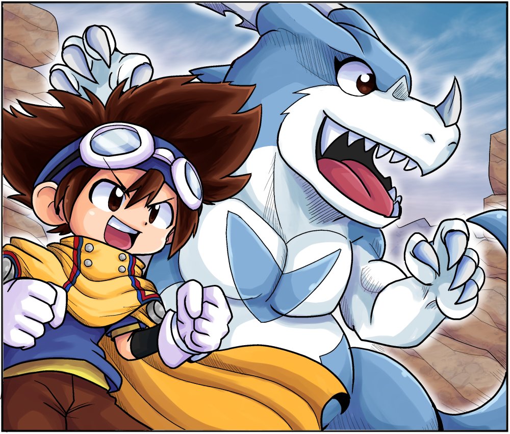 1boy digimon digimon_(creature) goggles goggles_on_head horns sharp_teeth teeth v-dramon wings yagami_taichi_(digimon_adventure_v-tamer_01)