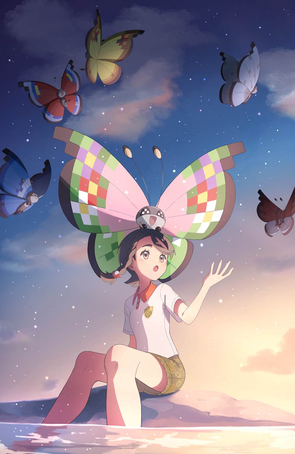 1girl :o braid brown_eyes brown_hair cloud collared_shirt commentary_request eyelashes gen_6_pokemon hand_up highres juliana_(pokemon) knees looking_to_the_side nintendo on_head outdoors pokemon pokemon_(creature) pokemon_on_head pokemon_sv shirt short_sleeves shorts sitting sky soaking_feet star_(sky) suimoku_(hzdg5322) vivillon water white_shirt