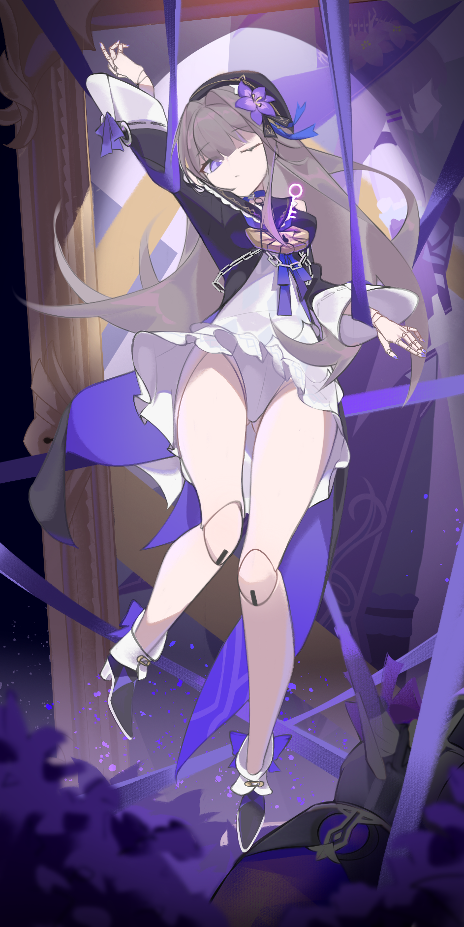 1girl afaalphaxd bound bound_wrists breasts brown_hair closed_mouth doll_joints dress eyebrows_hidden_by_hair flower full_body gluteal_fold groin hair_between_eyes hat hat_flower herta_(honkai:_star_rail) herta_(puppet)_(honkai:_star_rail) highres honkai:_star_rail honkai_(series) joints leotard lock_necklace long_hair looking_at_viewer one_eye_closed painting_(object) purple_dress purple_eyes purple_hat small_breasts solo suspension the_herta_(honkai:_star_rail) very_long_hair white_leotard
