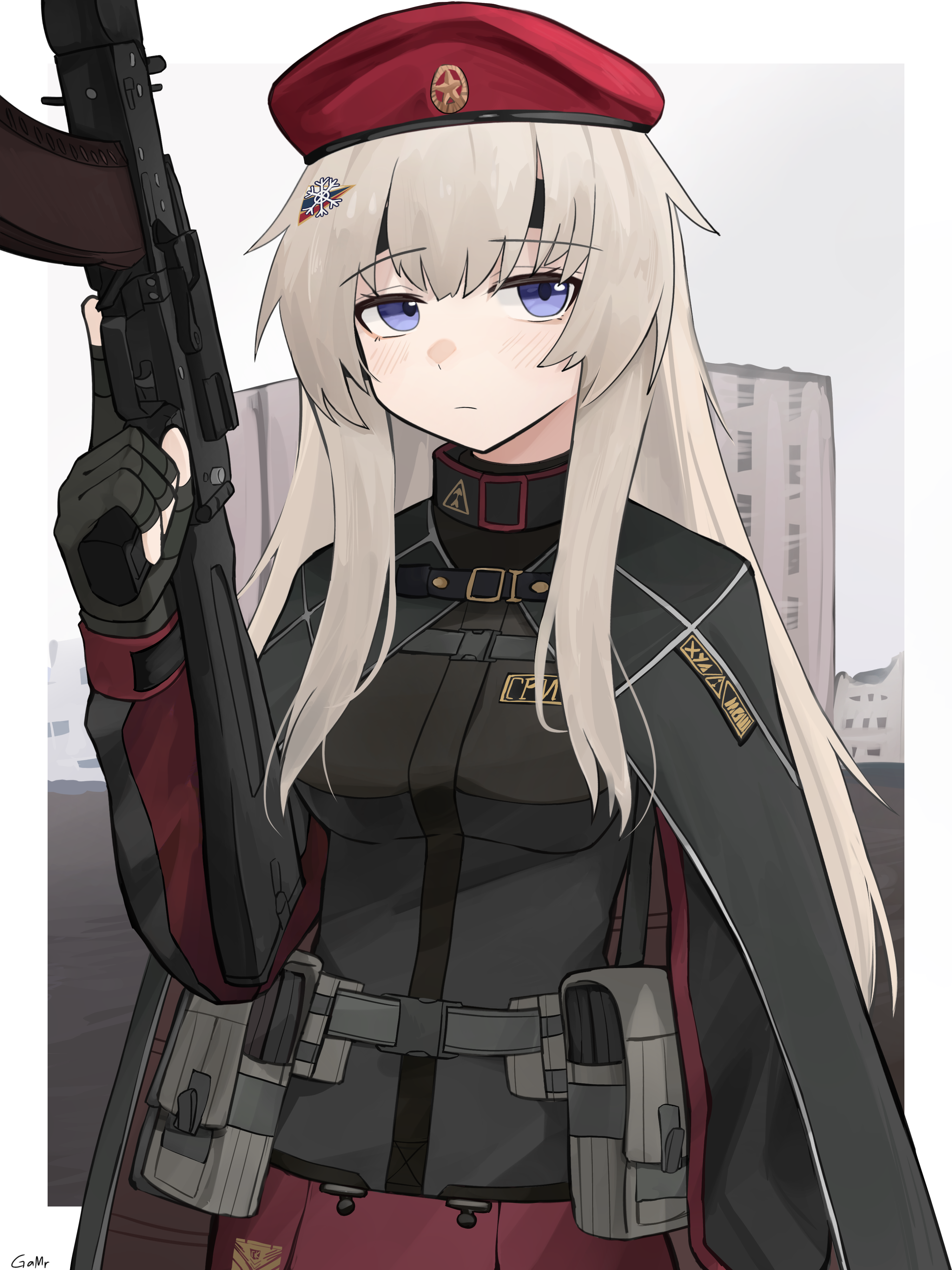 1girl absurdres ak-74m ak74m_(girls&#039;_frontline) assault_rifle beret breasts building camouflage_cloak camouflage_gloves ear_protection gamryous girls&#039;_frontline gun hair_ornament hat highres holding holding_gun holding_weapon kalashnikov_rifle light_brown_hair long_hair looking_afar medium_breasts purple_eyes red_star revision rifle russia russian_flag simple_background snowflake_hair_ornament solo star_(symbol) tactical_clothes weapon