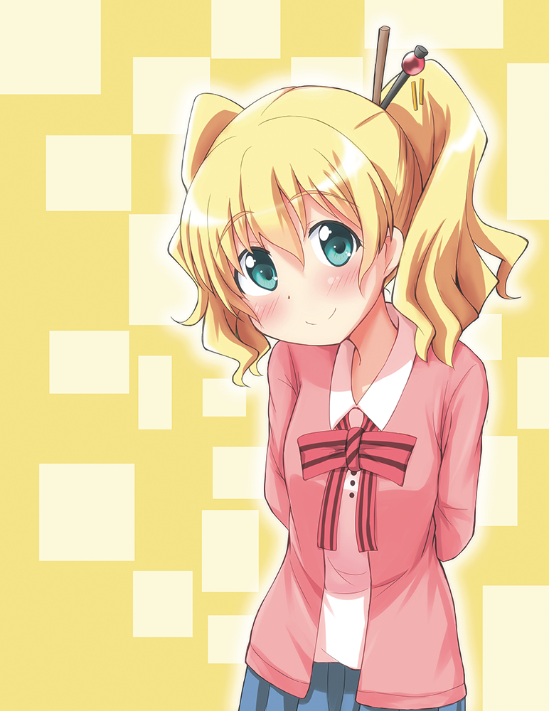 1girl alice_cartelet blonde_hair blue_eyes blue_skirt blush bow closed_mouth dot_nose feet_out_of_frame female_focus hair_between_eyes hair_ornament kin-iro_mosaic looking_at_viewer open_clothes open_sweater pink_sweater school_uniform serafuku shirt skirt smile solo standing sweater white_shirt