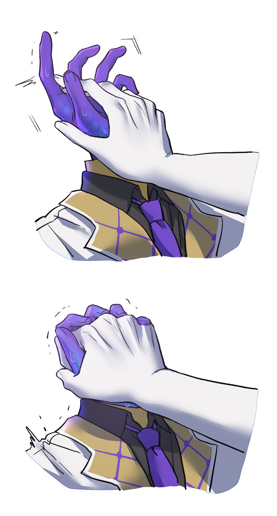 1boy asat_pramad black_shirt collared_shirt commentary_request formal_clothes highres holding_hands honkai:_star_rail honkai_(series) interlocked_fingers korean_commentary necktie object_head out_of_frame purple_necktie shirt simple_background suit wawahj0907_tt white_background white_suit