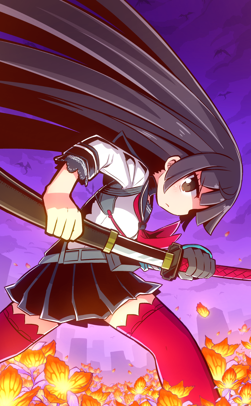 1girl 7th_dragon_(series) 7th_dragon_2020 animal black_hair black_sailor_collar black_skirt blush brown_eyes closed_mouth cloud cloudy_sky commentary_request dragon female_focus gloves grey_gloves highres holding holding_sheath holding_sword holding_weapon katana katanako long_hair long_sleeves looking_at_viewer looking_to_the_side naga_u neckerchief petals pleated_skirt profile purple_background red_neckerchief red_thighhighs sailor_collar samurai_(7th_dragon) school_uniform serafuku sheath shirt skirt sky solo sword thighhighs unsheathing very_long_hair weapon white_shirt