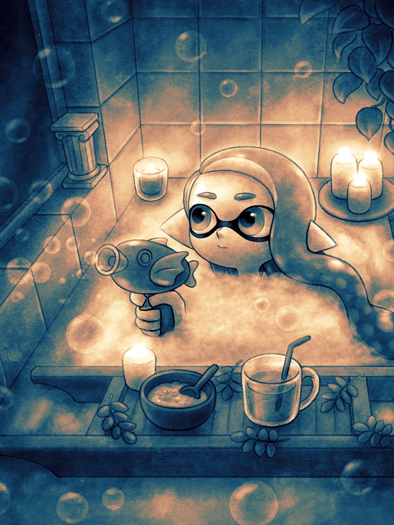 1girl bath bathing bathroom bathtub bowl bubble_bath bubble_gun candle candlelight closed_mouth commentary_request cup drinking_glass drinking_straw holding_toy_gun in_bathtub indoors inkling inkling_girl inkling_player_character limited_palette long_hair mustard_pudding nintendo pointy_ears soap_bubbles solo splatoon_(series) spoon tentacle_hair tile_wall tiles wavy_hair