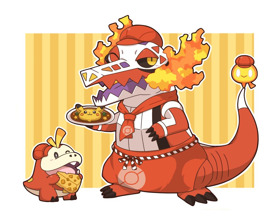 2027_(submarine2027) apron black_sclera blush cheese claws colored_sclera curry fire fire_bird_(skeledirge) food fuecoco gen_1_pokemon hat holding nintendo no_humans one_eye_closed pikachu pokemon pokemon_(creature) pokemon_cafe_remix skeledirge standing tongue wink yellow_eyes
