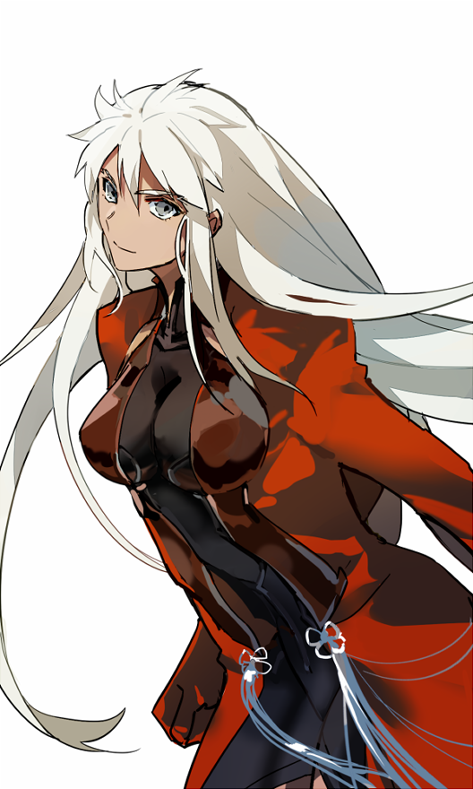 1girl archer_(fate) black_hair breasts cowboy_shot crimo fate_(series) genderswap genderswap_(mtf) hair_between_eyes long_hair long_sleeves looking_at_viewer medium_breasts simple_background solo white_background white_hair