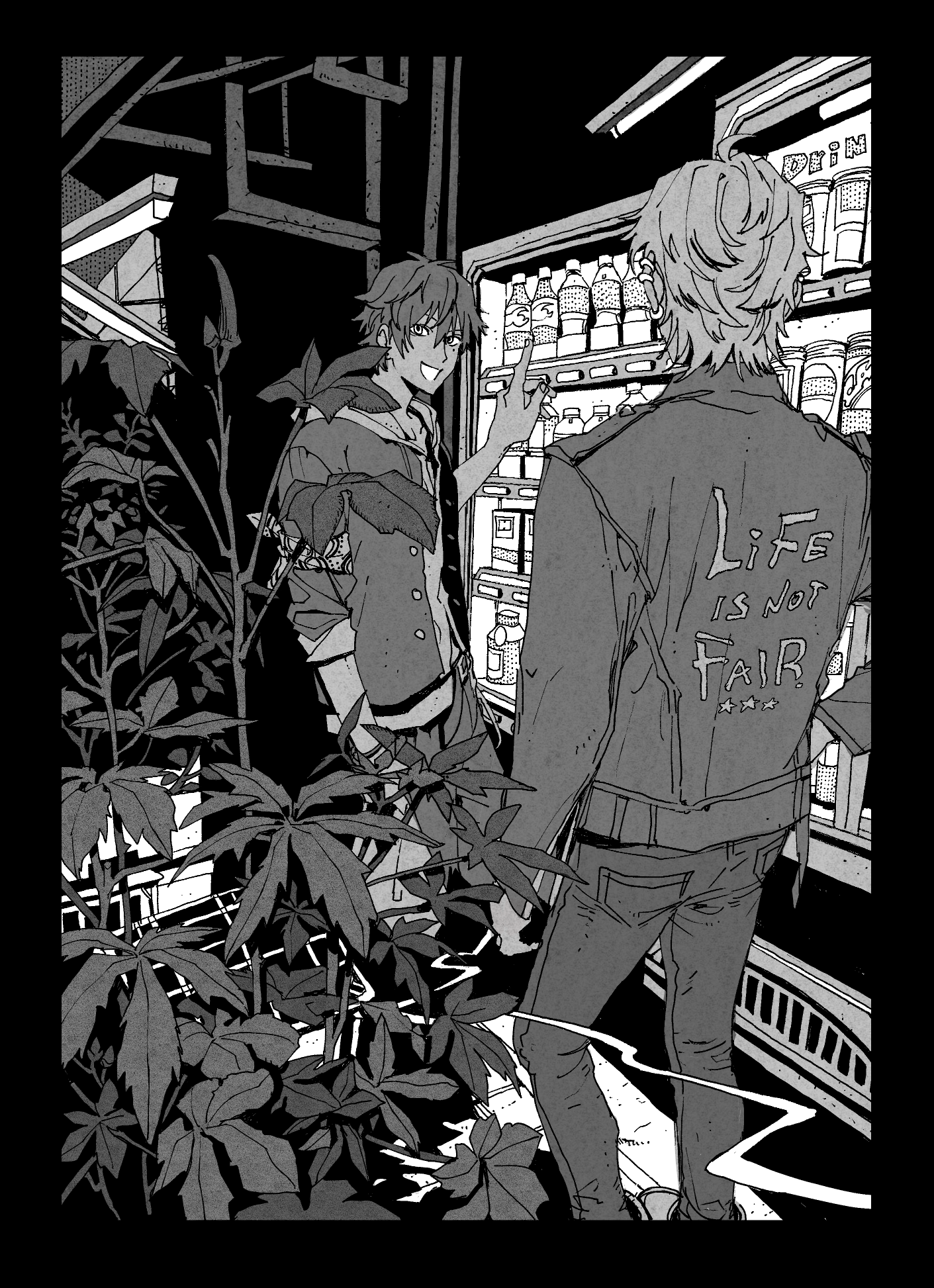 2boys :d ahoge alley aohitsugi_samatoki arm_at_side background_request bag bandana_around_arm black_border border bottle bracelet can cigarette denim drink_can ear_piercing earrings english_text from_behind full_body gakuran greyscale hair_between_eyes hand_on_own_hip highres holding holding_bag holding_cigarette hood hoodie hypnosis_mic industrial_pipe jacket jacket_over_hoodie jeans jewelry leather leather_jacket long_sleeves looking_at_viewer male_focus mole mole_under_eye monochrome multiple_boys night open_mouth pants piercing plant plastic_bag pointing_at_object school_uniform short_hair skinny_jeans sleeves_rolled_up smile smoke standing star_(symbol) user_fhve5477 vending_machine yamada_ichiro