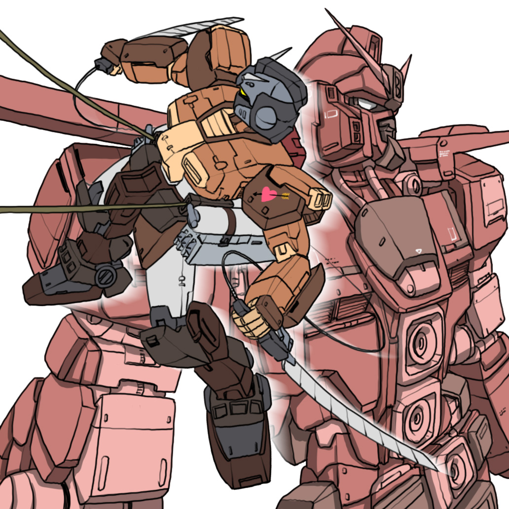 dual_wielding gundam gundam_cross_dimension_0079 heart hirodango holding mecha mobile_suit_gundam parody pixie_gundam psyco_gundam robot shingeki_no_kyojin weapon zeta_gundam