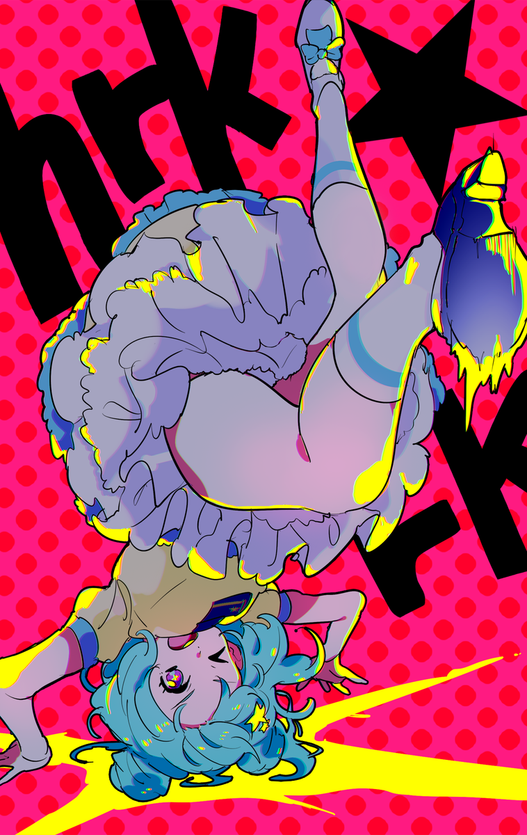 &gt;_o 1girl ;d aikatsu!_(series) aikatsu_stars! bad_id bad_twitter_id blue_hair blue_shoes character_name double_bun full_body hair_bun hair_ornament handstand haruka_ruka highres image_sample kneehighs looking_at_viewer one_eye_closed open_mouth petticoat polka_dot polka_dot_background purple_eyes shiontaso shirt shoe_soles shoes short_hair skirt smile socks solo star_(symbol) star_hair_ornament twitter_sample upside-down white_socks yellow_shirt