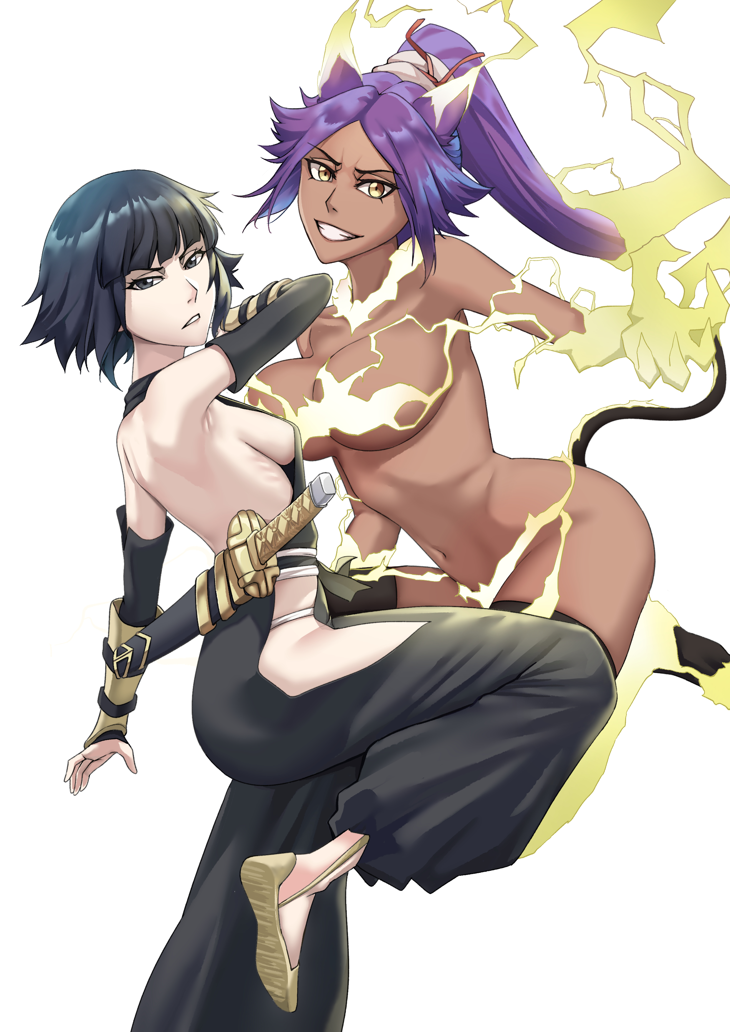 2girls absurdres bare_back bare_shoulders black_hair black_thighhighs bleach bleach:_sennen_kessen-hen breasts collarbone dark-skinned_female dark_skin detached_sleeves electricity electrokinesis female_focus hair_ears hair_ornament highres japanese_clothes large_breasts long_hair looking_at_viewer medium_hair multiple_girls navel ponytail purple_hair sakuya_(liao_kj) shihakusho shihouin_yoruichi sideboob simple_background small_breasts sui-feng suzumebachi_(shikai) sword sword_on_back tail teeth thighhighs thighs weapon weapon_on_back white_background yellow_eyes zanpakutou