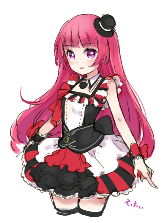 1girl blunt_bangs cowboy_shot dress hat hojo_sophy idol_clothes long_hair looking_at_viewer mini_hat mini_top_hat pretty_series pripara purple_eyes red_hair smile solo top_hat touyama_soboro very_long_hair