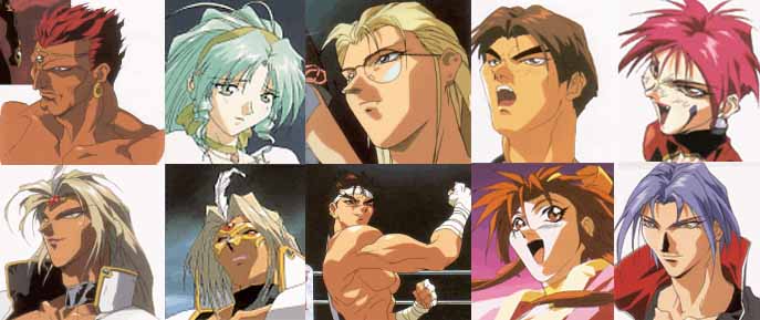 1990s_(style) 2girls 6+boys andy_bogard anime_screenshot blonde_hair brown_hair fatal_fury fatal_fury:_the_motion_picture grey_hair hauer jamin joe_higashi kim_kaphwan laocorn_gaudeamus multiple_boys multiple_girls oobari_masami panni_(fatal_fury) pink_hair purple_hair red_hair retro_artstyle shiranui_mai snk