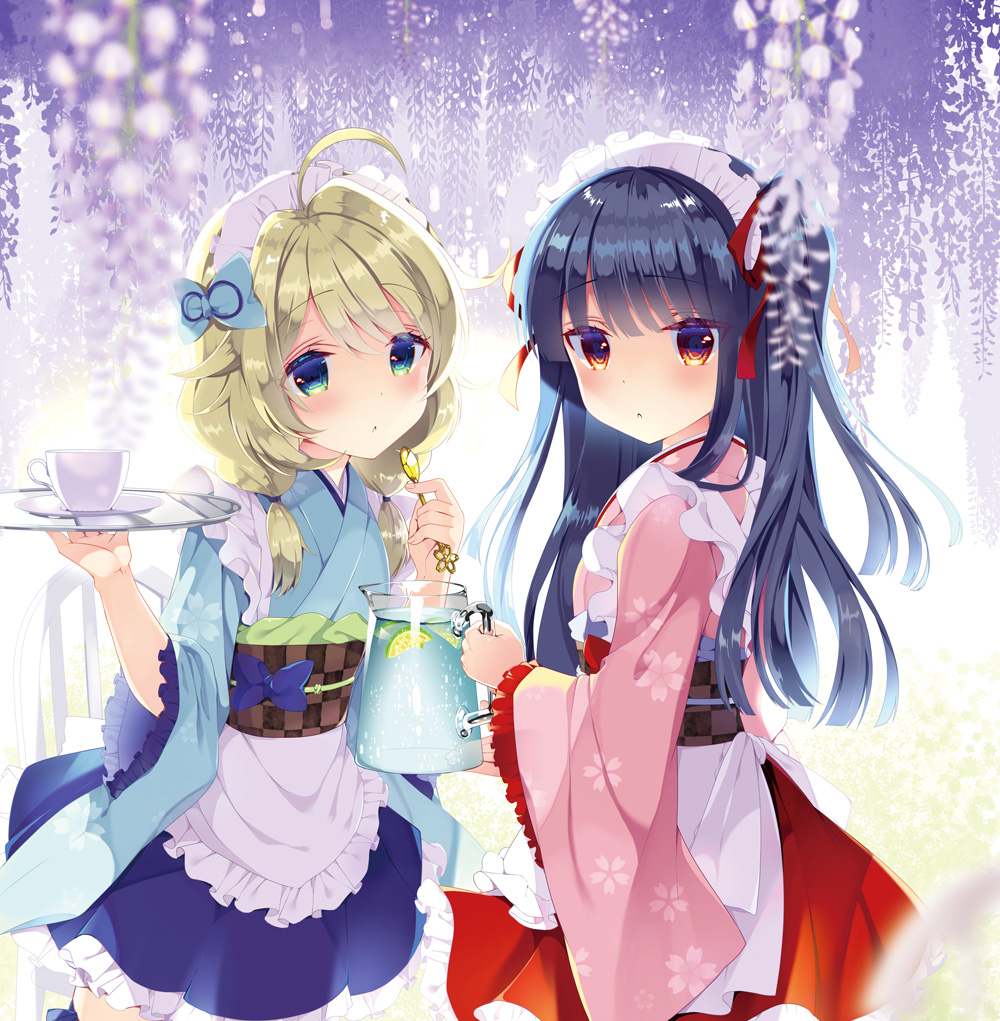 2girls ahoge apron black_hair blonde_hair blue_eyes blue_kimono blue_skirt blurry blurry_foreground blush checkered_sash closed_mouth commentary_request cup depth_of_field floral_print flower frilled_apron frilled_skirt frills green_eyes holding holding_jug holding_tray idolmaster idolmaster_cinderella_girls japanese_clothes kimono long_hair long_sleeves looking_at_viewer looking_to_the_side maid maid_headdress multicolored_eyes multiple_girls obi pink_kimono print_kimono red_eyes red_ribbon red_skirt ribbon sajo_yukimi sash saucer skirt takashina_asahi teacup tray wa_maid waist_apron water white_apron white_flower wide_sleeves yusa_kozue