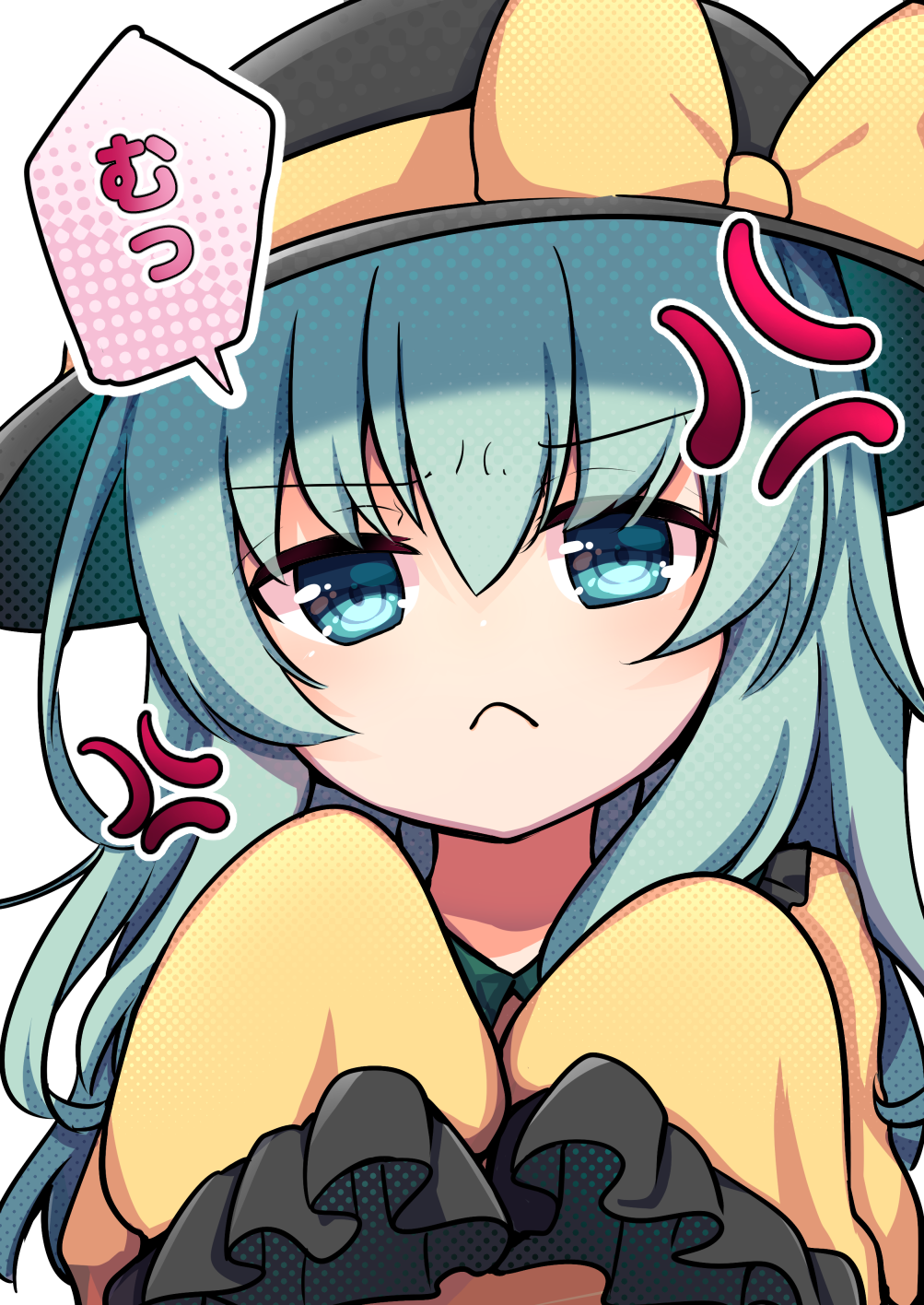 1girl :&lt; alternate_hair_length alternate_hairstyle anger_vein angry black_hat bow close-up closed_mouth commentary_request frilled_sleeves frills frown green_eyes green_hair hair_between_eyes hands_up hat hat_bow highres komeiji_koishi long_hair long_sleeves looking_at_viewer partial_commentary pout rapameri shirt simple_background sleeves_past_fingers sleeves_past_wrists solo speech_bubble straight-on touhou translated v-shaped_eyebrows white_background wide_sleeves yellow_bow yellow_shirt