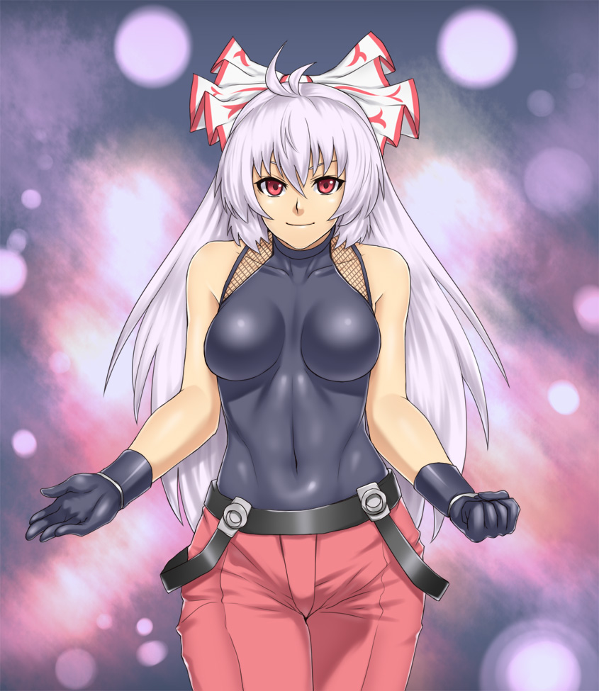1girl bare_shoulders breasts clenched_hand cosplay covered_navel female_focus fujiwara_no_mokou gloves houtengeki impossible_clothes impossible_shirt large_breasts long_hair omega_rugal red_eyes rugal_bernstein rugal_bernstein_(cosplay) shirt silver_hair solo suspenders suspenders_slip the_king_of_fighters touhou