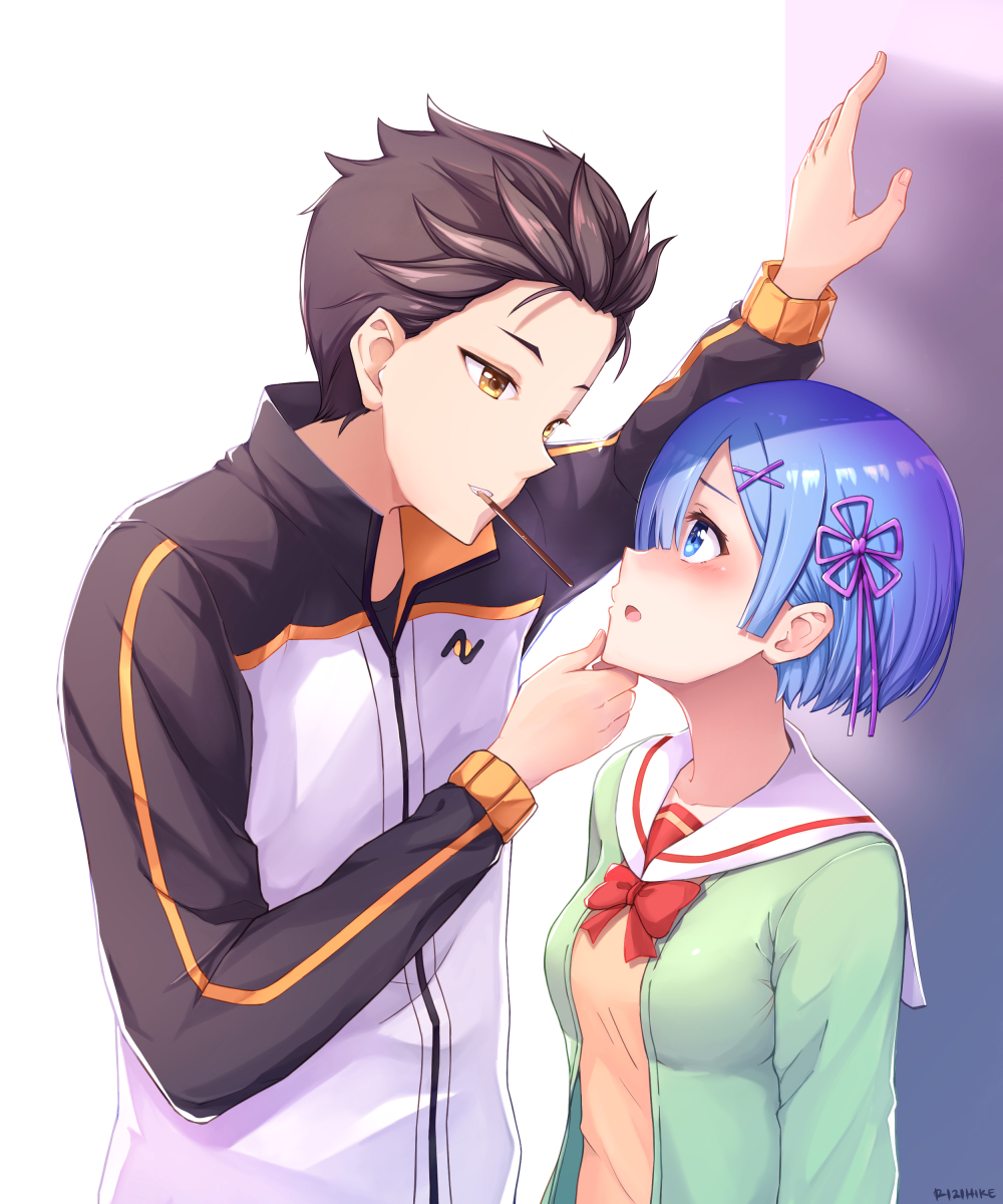 10s 1boy 1girl black_hair blue_eyes blue_hair blush bow bowtie contemporary eye_contact from_side grabbing_another&#039;s_chin hair_over_one_eye hair_ribbon hand_on_another&#039;s_chin highres jacket kabedon looking_at_another mouth_hold natsuki_subaru open_mouth pink_ribbon re:zero_kara_hajimeru_isekai_seikatsu red_bow red_bowtie rem_(re:zero) ribbon rizihike school_uniform serafuku short_hair simple_background sweater white_background yellow_eyes yellow_sweater zipper