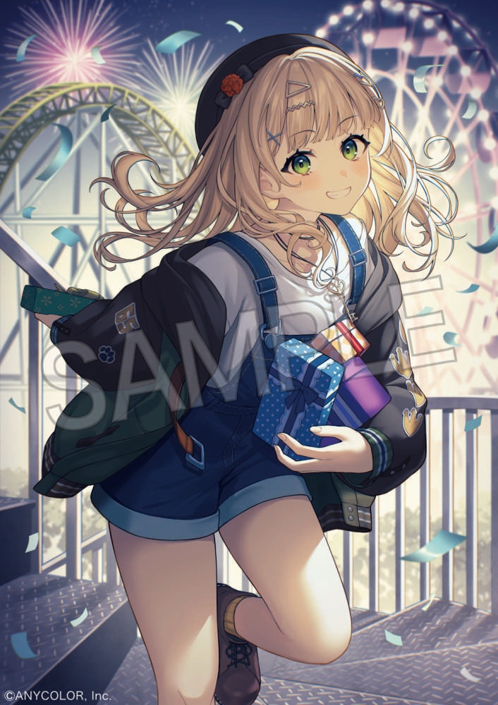 1girl black_hat black_jacket blonde_hair blue_overalls blush brown_footwear confetti copyright_name ferris_wheel fireworks gift green_eyes grin hair_ornament hairclip hat holding holding_gift jacket jewelry kaburaki_roco leg_up lq_saku necklace nijisanji official_art open_clothes open_jacket overalls sample_watermark shirt shoelaces smile socks solo stairs teeth virtual_youtuber watermark white_shirt white_socks x_hair_ornament