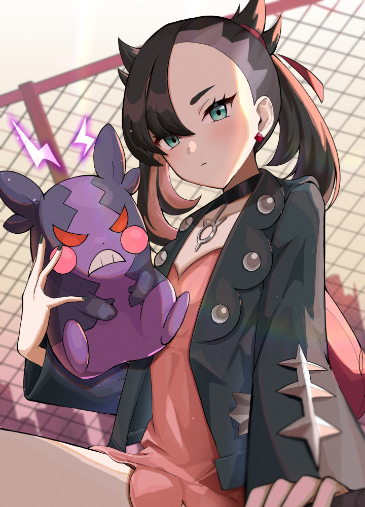 1girl asymmetrical_bangs black_choker black_hair black_jacket black_nails blush chain-link_fence choker city closed_mouth dress earrings fence gen_8_pokemon green_eyes hair_ribbon jacket jewelry long_sleeves looking_at_viewer marnie_(pokemon) morpeko morpeko_(hangry) nintendo open_clothes outdoors pink_dress pokemon pokemon_(creature) pokemon_swsh red_ribbon ribbon setta_shu sky solo twintails