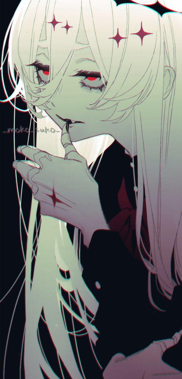 1girl bags_under_eyes bandaged_fingers bandages black_background black_shirt chromatic_aberration commentary_request fang fingernails gekiyaku hair_between_eyes half-closed_eyes halo hand_up highres long_hair long_sleeves looking_ahead messy_hair moko_suko neck_ribbon open_mouth pale_skin red_ribbon ribbon sanpaku sharp_fingernails shirt solo stigmata thick_eyebrows thick_eyelashes thumb_to_mouth twitter_username upper_body utau white_hair