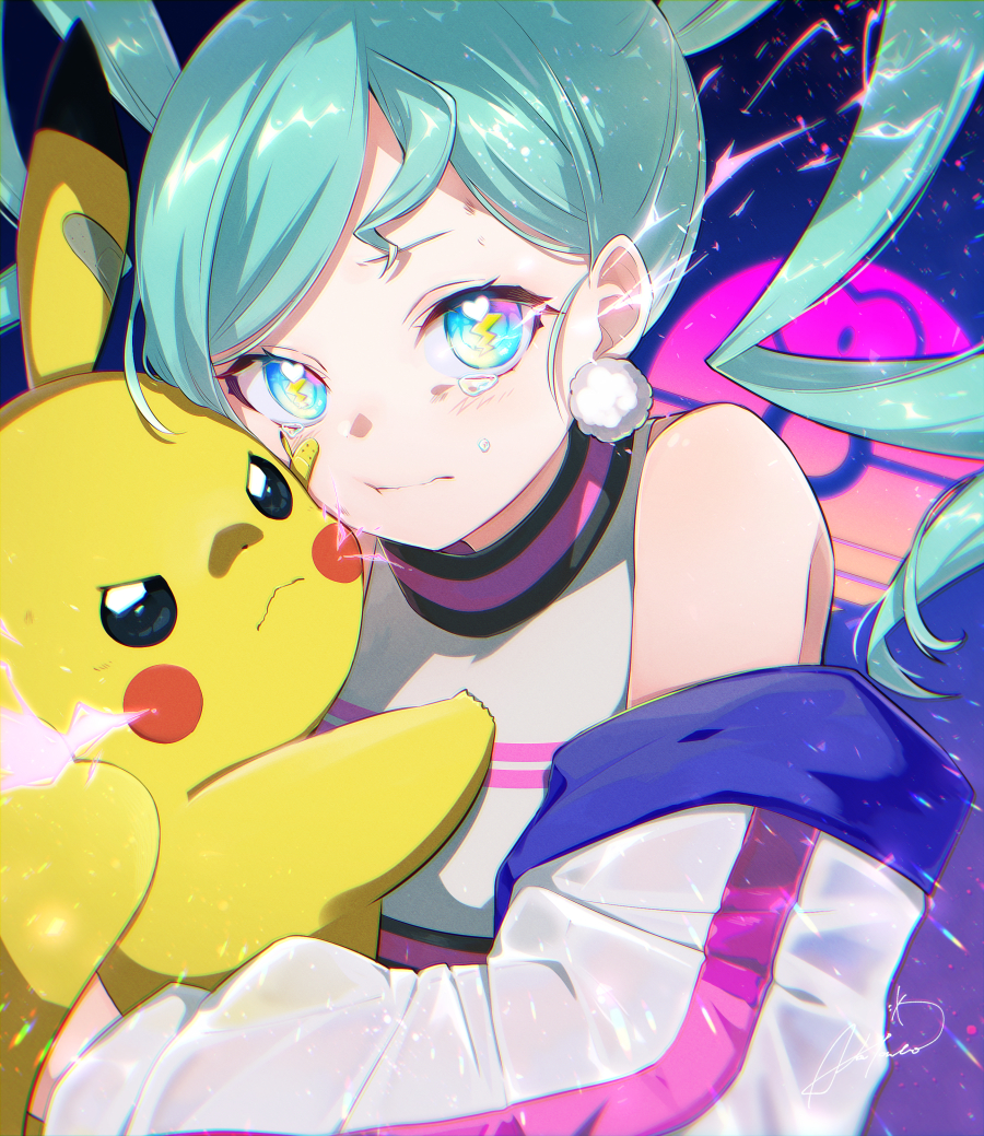 1girl aka_tonbo_(lililil) aqua_hair bare_shoulders black_eyes blue_eyes blush closed_mouth creature earrings electricity gen_1_pokemon hatsune_miku holding holding_creature jacket jewelry lightning_bolt-shaped_pupils long_hair long_sleeves looking_at_viewer nintendo open_clothes open_jacket pikachu pokemon pokemon_(creature) pom_pom_(clothes) pom_pom_earrings project_voltage shirt signature swept_bangs symbol-shaped_pupils tearing_up tears twintails vocaloid volt_tackle_(vocaloid) white_jacket white_shirt