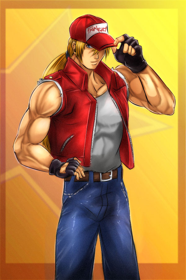 belt_buckle blonde_hair blue_eyes blue_jeans buckle fatal_fury fingerless_gloves gloves jacket manly muscular muscular_male penzoom ponytail red_cap red_jacket shirt smile snk terry_bogard the_king_of_fighters white_shirt zipper