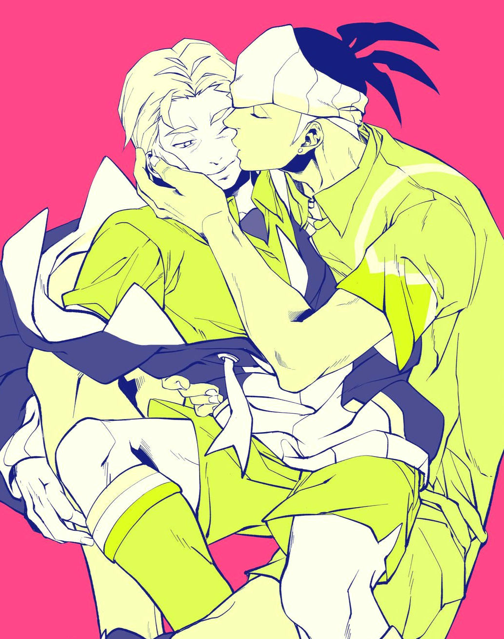 2boys closed_eyes closed_mouth collared_shirt commentary_request drawstring fingernails hand_on_another&#039;s_face headband highres hood hood_down hoodie kabu_(pokemon) kiss kissing_cheek limited_palette long_sleeves male_focus mature_male miyare_s multiple_boys nintendo one_eye_closed parted_hair pokemon pokemon_swsh raihan_(pokemon) red_background shirt short_hair shorts sideburns simple_background sitting sitting_on_lap sitting_on_person smile wing_collar yaoi