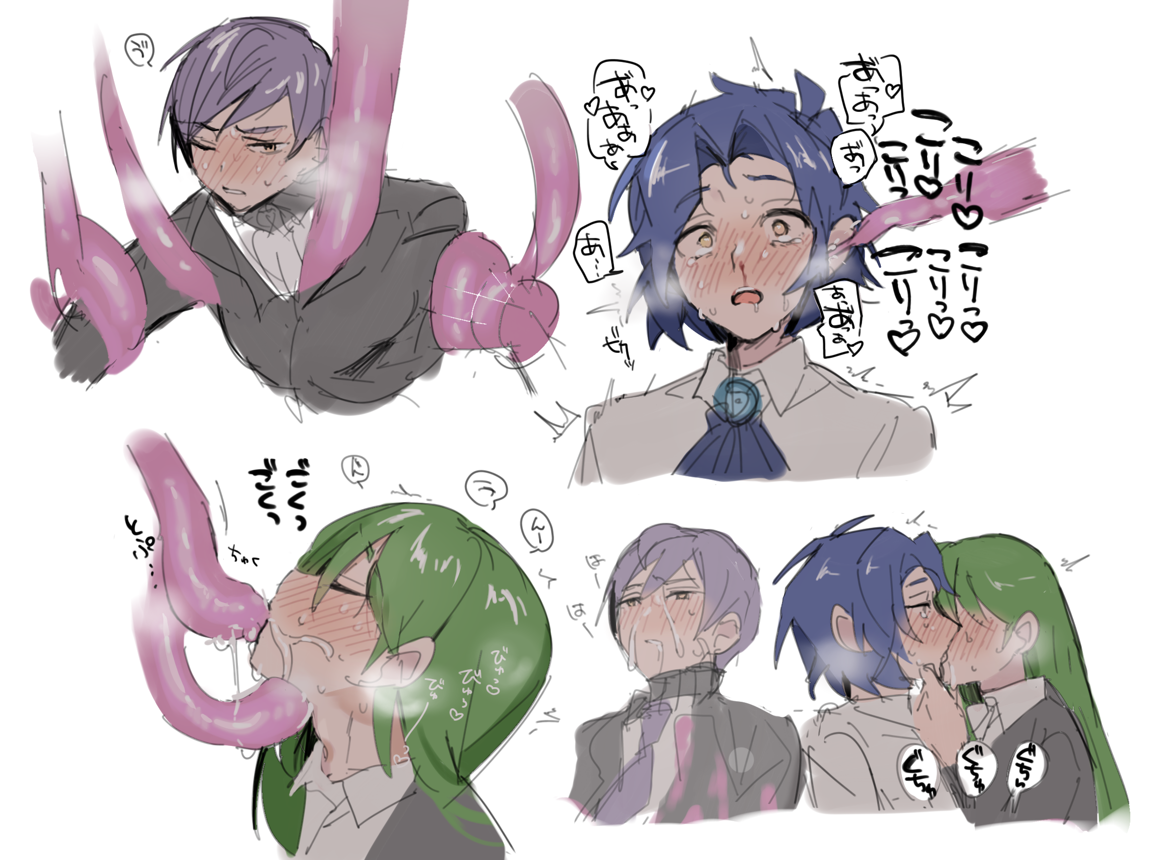 3boys blood blue_hair blush chesed_(project_moon) cropped_shoulders crying crying_with_eyes_open cum cum_on_body dress_shirt ear_insertion embarrassed facial formal_clothes green_hair hand_on_another's_chin heart highres lapels lobotomy_corporation long_hair male_focus mu46016419 multiple_boys necktie netzach_(project_moon) nosebleed open_mouth project_moon purple_hair scared shirt short_hair simple_background sketch spoken_heart suit tears tentacle_in_ear tentacle_in_mouth tentacle_sex tentacles tentacles_on_male translation_request white_background white_shirt yaoi yellow_eyes yesod_(project_moon)