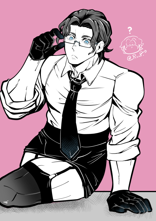 1boy adjusting_eyewear bespectacled blue_eyes collared_shirt confused crossdressing crossdressing_(mtf) curly_hair garter_straps glasses gloves greyscale greyscale_with_colored_background hand_support hand_up long_sleeves looking_down male_focus monochrome muscular muscular_male necktie nikola_tesla_(shuumatsu_no_valkyrie) pink_background rectangular_eyewear shirt short_hair shuumatsu_no_valkyrie sitting skirt sleeves_rolled_up solo thighhighs toned toned_male